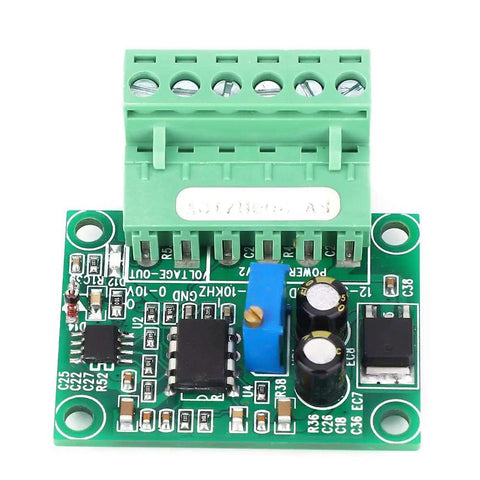Frequency To Voltage Converter Module 0-200 Hz To 0-10 V Digital To Analog Converter For Sensor Projects Easy Setup And High Precision With Wide Supply Compatibility Low Noise Output And Plug And Play Calibration For Easy Development, top view of multicolor module board with green terminal block and components.