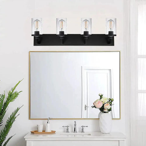 Dope Matte Black Bath Vanity Light With Seeded Glass Shade Modern Wall Mounted Sconce above bathroom mirror with flowers