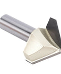 Close-up of Top Tier 90 Degree V Groove Router Bit With 1/2 Inch Shank For Woodworking Projects; sharp steel edge for clean cuts.