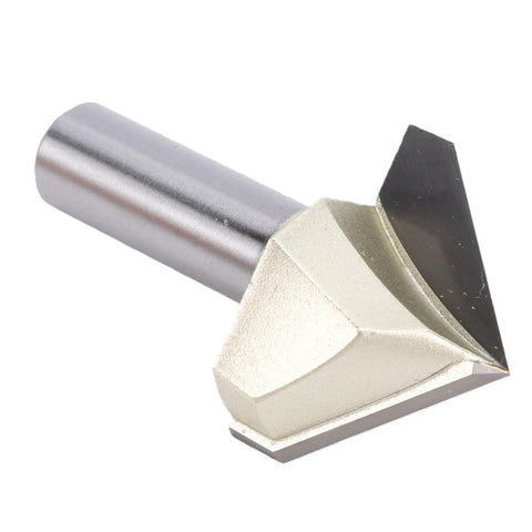 Close-up of Top Tier 90 Degree V Groove Router Bit With 1/2 Inch Shank For Woodworking Projects; sharp steel edge for clean cuts.