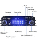Front view of 4 Channel Bluetooth 5.0 HiFi Power Amplifier with LED display, volume controls, USB socket, and input options.
