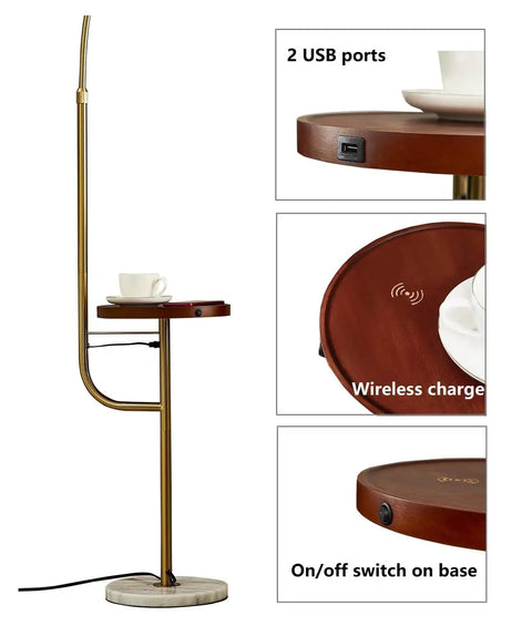Floor Lamp With Integrated Table Tray And Dual USB Ports Long Arm Reading Light For Bedroom Living Room Or Office Gold Finish