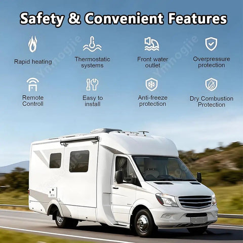 Safety features of 12V Electric Instant Hot Water Heater For Camper And RV Shower, including remote control and overpressure protection.