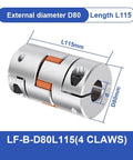 Heavy Duty Aluminum Shaft Coupler With Jaw Spider Design Clamping Motor Encoder Adapter 16mm To 45mm with D80 and L115 dimensions.