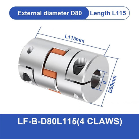 Heavy Duty Aluminum Shaft Coupler With Jaw Spider Design Clamping Motor Encoder Adapter 16mm To 45mm with D80 and L115 dimensions.