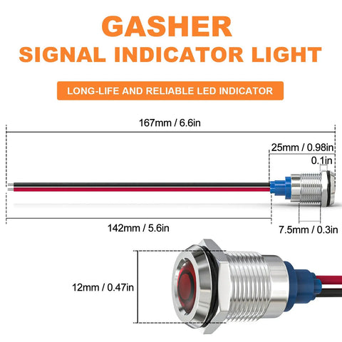 Low Power Red LED Indicator Light for Panel Mount Energy Saving 12V 24V 110V AC and DC 20mA Flush Mount Panel Light 12mm Hole Size
