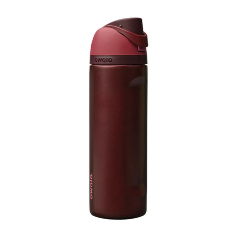 Heavy Duty Double Walled Stainless Steel Water Bottle 24 Oz in burgundy color with a push button lock lid.
