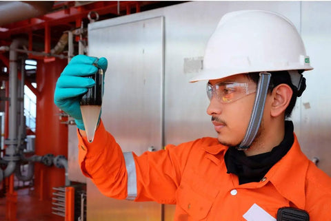 Worker in lab wearing smoke safety glasses with polycarbonate lenses, assessing a sample, showcasing tough impact resistant eyewear.