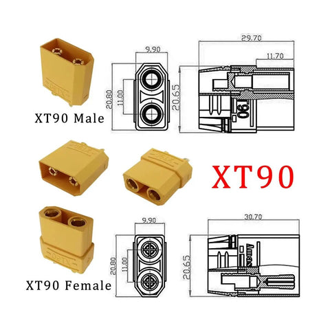 Diagram and photos of XT90 connectors, male and female, showing dimensions for XT90 High Current Power Connector Cable, Male to Male 10AWG Extension For RC Battery Quadcopter Multirotor, Solar Panel And Portable Charge Station, Heavy Duty, Low Resistance, Anti Corrosion, Easy Plug And Play.
