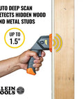 Electronic Stud Finder Pro Grade Ultra Handy With Cross Line Lasers, Bubble Level And LED And Audio Alerts For Wood And Metal Studs, Class 3R Laser 15 Feet In All Directions, Batteries Included handheld on wood stud, up to 1.5 in scan