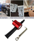 Double Head Sheet Metal Nibbler Cutter Drill Attachment With Wrench 360 Degree Adjustable Nibbler shown with automotive and production use