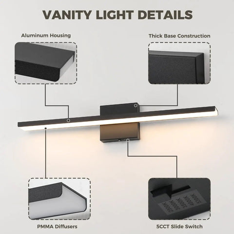 Diagram of Modern Matte Black 16 Inch Aluminum Vanity Light Sconce For Bathroom Mirror Lighting with labeled components