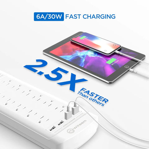 12-Outlet Surge Protector Power Strip With 4 USB Ports, 6-Foot Cord, charging tablet and phone next to strip, 2.5X faster