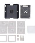 Six In One BGA Reballing Stencil Kit With Stainless Steel Magnetic Jig components including stencils and jig for board repairs