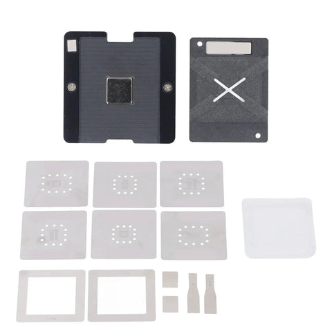 Six In One BGA Reballing Stencil Kit With Stainless Steel Magnetic Jig components including stencils and jig for board repairs