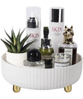 360 Degree Rotating Makeup And Skincare Organizer Tray Lazy Susan For Dresser Vanity And Bathroom Countertop with bottles and plant