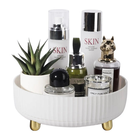 360 Degree Rotating Makeup And Skincare Organizer Tray Lazy Susan For Dresser Vanity And Bathroom Countertop with bottles and plant