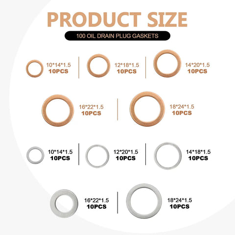 Leak Proof Oil Drain Plug Gasket Kit With Copper And Aluminum Crush Washers 100 Piece Set sizing details