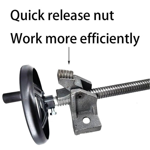 Heavy Duty Cutting Chop Saw With Quick Release Vise Clamp For Metal Cutting And Circular Saw Attachments 0 To 45 Degree Adjustable Pressure Plate Cast Iron Build Built For Pros Durability And Clean Steel And Iron Cuts, focus on quick release nut.