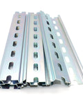 Ten Piece TS Thirty Five Seven Point Five Slotted DIN Rail Zinc Plated SPCC Steel RoHS CE Certified Eight Inch Long Thirty Five Millimeter Wide Seven Point Five Millimeter High Built Tough and Ready To Rock for US Standards, image of stacked slotted rails.