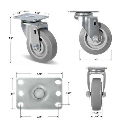 Heavy Duty 4 Inch Caster Wheels Set Of 4 With 1200 Lb Capacity For Cart And Furniture, includes measurements and design details