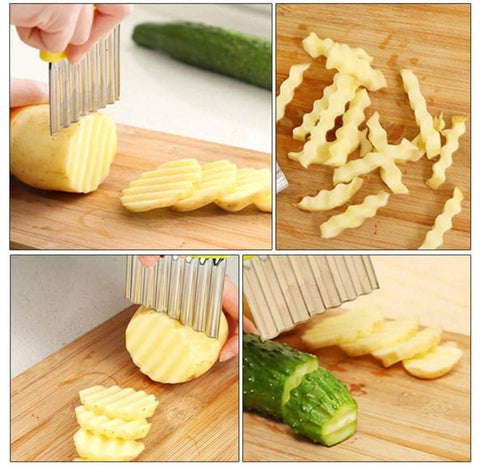 Crinkle cutter with stainless steel blades slicing potatoes into wavy fries on a wooden board.