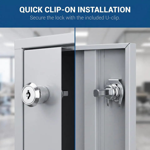 Hefty Silver Universal Cam Lock For Toolboxes Cabinets And Furniture Drawers Featuring Top Shelf 180 Degree Rotation No Fuss Swap Durable Iron Housing with U-clip installation.
