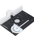 Heavy Duty Router Table With Precision Router Lift System Kit Featuring Adjustable Insert Base Plate showing measurement angles and secure clamping.