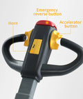 Close-up of the handle of Compact Electric Tow Tractor With 2200 Lbs Load Capacity For Airports And Workshops showing controls.