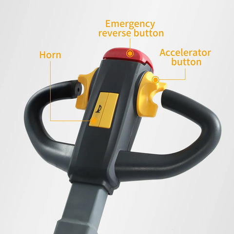 Close-up of the handle of Compact Electric Tow Tractor With 2200 Lbs Load Capacity For Airports And Workshops showing controls.