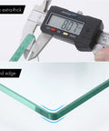 Two Pack 16 Inch Tempered Glass Bathroom Shelves showing 8mm thick glass with round edges for vanity or shower.