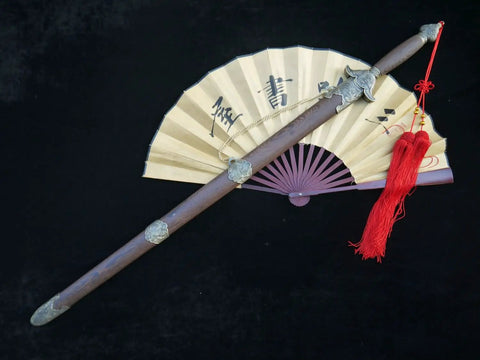 Training Sword For Martial Arts Practice With 39 Inch Stainless Steel Blade shown with rosewood scabbard and red tassel on a fan