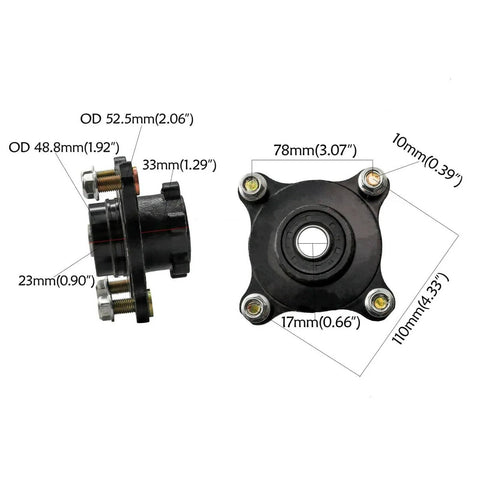 Go Kart ATV Front Wheel Hub Assembly With 4 Studs Steering Knuckle Brake Caliper And Rotor Disk dimensions view