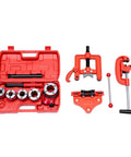 Heavy Duty Ratchet Pipe Threader Kit With Five Swappable Die Heads For Galvanized And Steel Tubing Built Damn Tough Cast Iron Design in kit case.