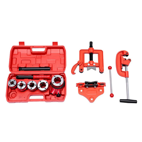 Heavy Duty Ratchet Pipe Threader Kit With Five Swappable Die Heads For Galvanized And Steel Tubing Built Damn Tough Cast Iron Design in kit case.
