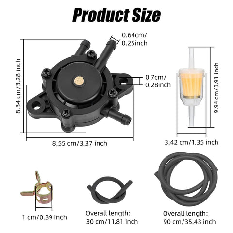 Top Shelf Heavy Duty Fuel Pump And Oil Hose Kit With Integrated Filter For Kohler Briggs Stratton dimensions shown, clear schematic view.