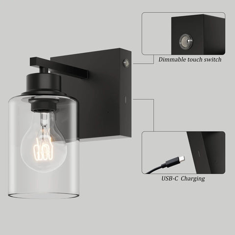 Cordless Battery Wall Sconces Set Of Two With Remote Control Black USB C Rechargeable Indoor Lighting with dimmable touch switch.