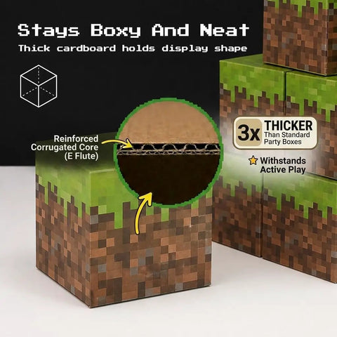 Detailed view of Fire Pixel Art Party Favor Boxes 8 Pack Grass Cubes Containers Sturdy Cardboard Treat Holders showing reinforced fluted core.