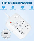 6-in-1 US to Europe power strip adapter with multiple outlets and USB ports for travel. US To Europe Travel Plug Adapter With 4Ft Extension Cord Not For UK A Must Have Travel Essential For Germany France Greece Spain Italy Austria Netherlands And Other European Countries.