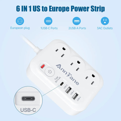 6-in-1 US to Europe power strip adapter with multiple outlets and USB ports for travel. US To Europe Travel Plug Adapter With 4Ft Extension Cord Not For UK A Must Have Travel Essential For Germany France Greece Spain Italy Austria Netherlands And Other European Countries.