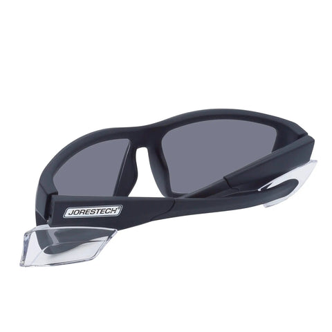 Heavy Duty Boss Level Safety Bifocal Glasses With Rugged Side Shields Kickass Impact Resistant ANSI Certified Eye Gear Smoke Lens Tough Black Frame, side view.