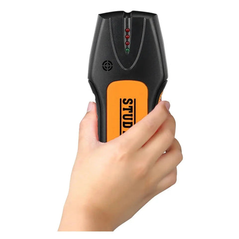 Heavy Duty Stud Finder And Wall Scanner With Metal Detector Mode To Track Wood Studs Electrical Circuits And Plumbing Lines Offering Slick Handling Audible Alarms And Bright Flashes For No Sweat Home Improvements 2 Pack held in hand.