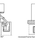 Diagram of 3D Rebated Door Adjustable Concealed Residential Hinge, showing 90 and 180-degree recessed frame facings.
