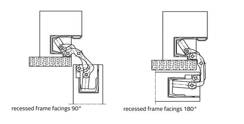Diagram of 3D Rebated Door Adjustable Concealed Residential Hinge, showing 90 and 180-degree recessed frame facings.