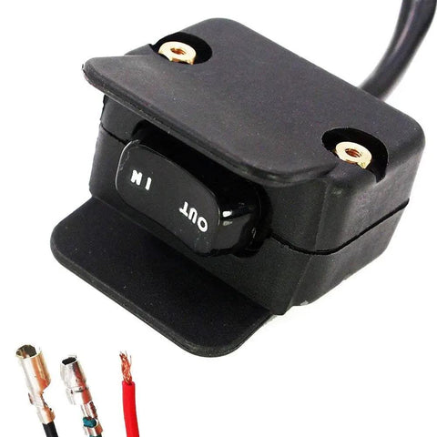 12V Mini Rocker Switch Handlebar Control For ATV And UTV Winches Waterproof Remote Wired switch with connectors and label design.
