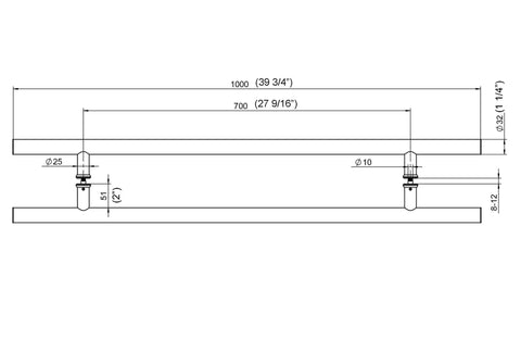 Technical drawing of Long 39 3/8 Inch Stainless Steel Door Pull Handle For Interior And Exterior Doors, dimensions in millimeters.