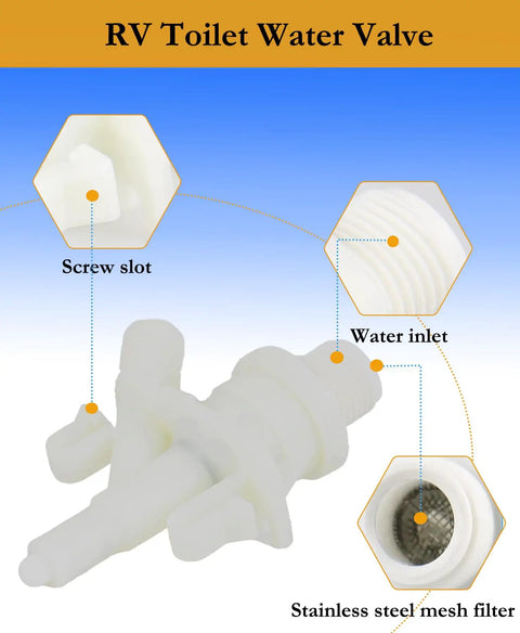 Dometic RV Toilet Water Valve Replacement Kit With Freeze Resistant Tech For 300 310 320 Pedal Flush Models No Hassle Easy Install Leakage Resistant Glass Fiber Reinforced Polymer Durable Camper Toilet Valve For Van And RV, white valve