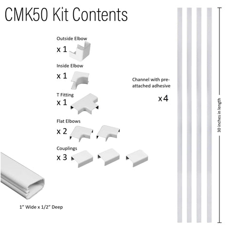 CordMate II Cable Management Kit CMK50 contents including elbows, T fitting, couplings, and adhesive channels, 1 inch wide
