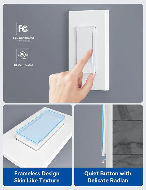 Slick Matte White Smart Dimmer Switch 2 Pack Single Pole Wi-Fi Touch Control Fade To Brightness Touch Slider showing quiet rocker in use.