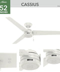 52 Inch No Light Ceiling Fan For Indoor Or Outdoor Use Fresh White Damp Rated Reversible Blades Standard Mount Pull Chain